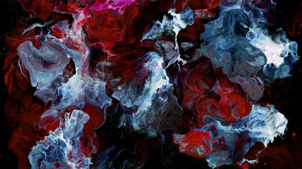 Abstract fluid paint wallpaper with vibrant red blue white swirls on deep black marble texture