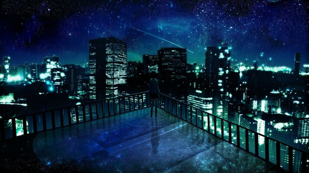 Starry Night Wallpaper: Rooftop Figure Gazing at City Lights