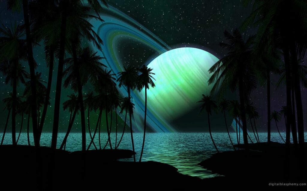 Tranquil Saturn Wallpaper: Ethereal Night Sky with Palm Silhouettes