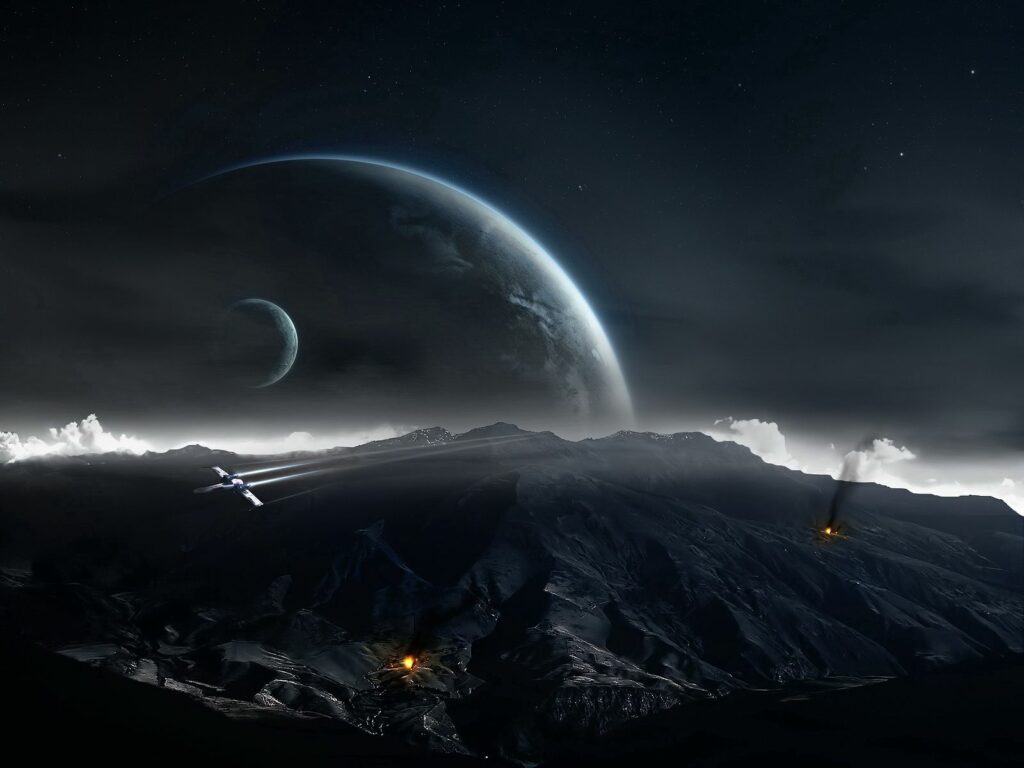 Epic Sci-Fi Wallpaper: Dark Extraterrestrial Landscape with Fiery Details