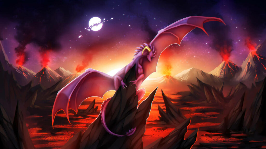 Luminous Lava Dragon Embracing a Spiked Perch Above Fiery Lava Lake amidst Majestic Volcanic Peaks Gazing at the Enchanting Lunar Sky Wallpaper