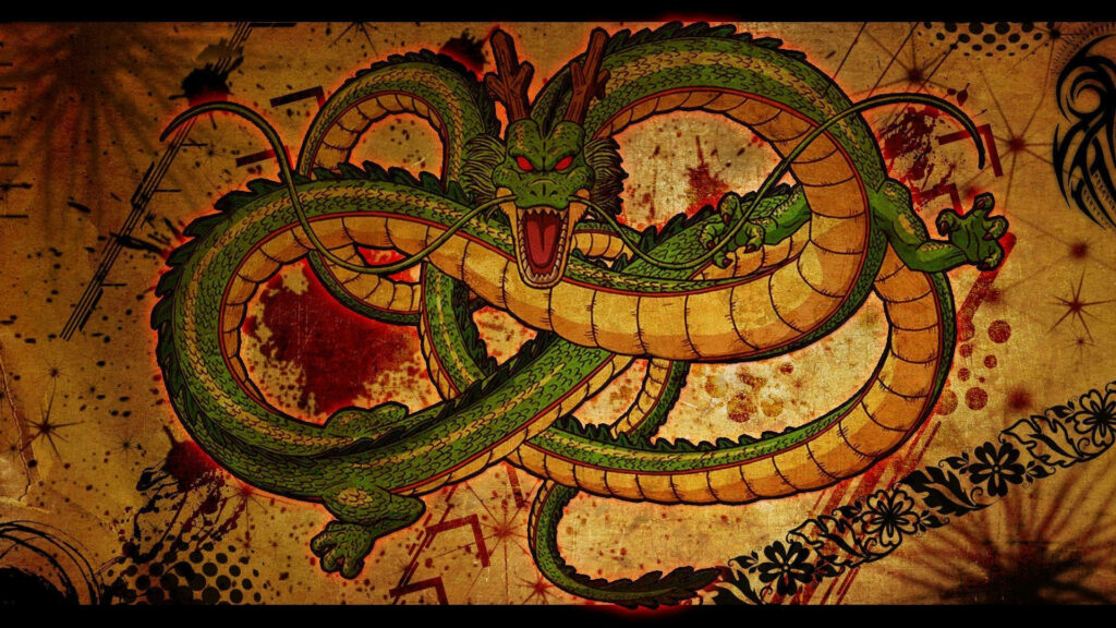 Shenron, the Majestic Japanese Dragon, Roams Amid Random Brown Patterns in Anime-Inspired PC Background Wallpaper