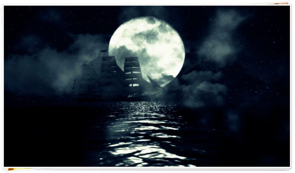 Enchanting Ship Silhouette Wallpaper Under Glowing Full Moon