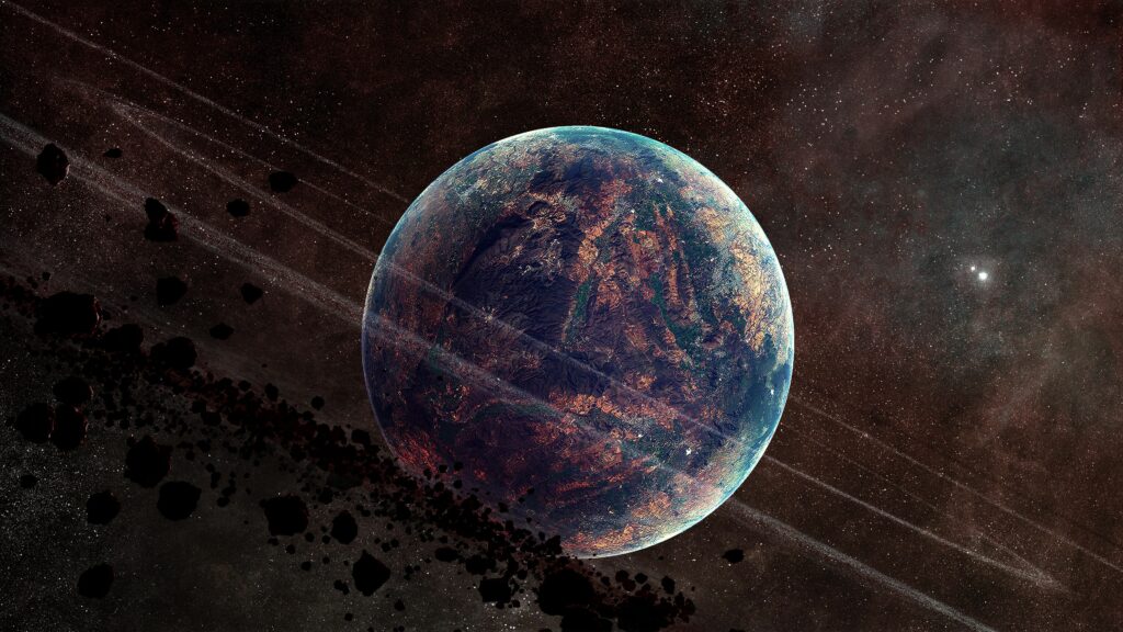 Stunning Space Wallpaper: Detailed Planet with Rings and Asteroids