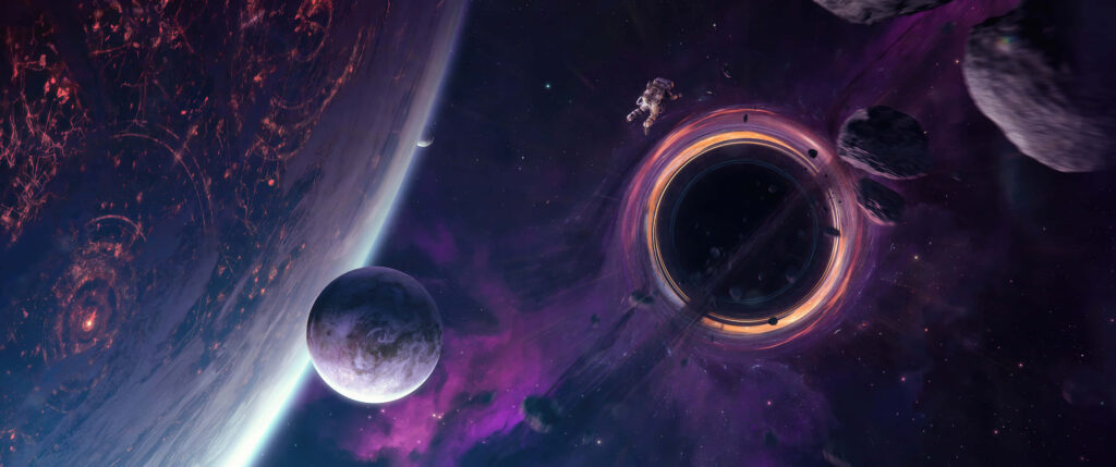 Mesmerizing Space Scene Wallpaper: Glowing Black Hole & Asteroids