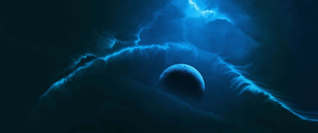 Glowing Blue Sky Wallpaper: Ethereal Space Background with Distant Planet