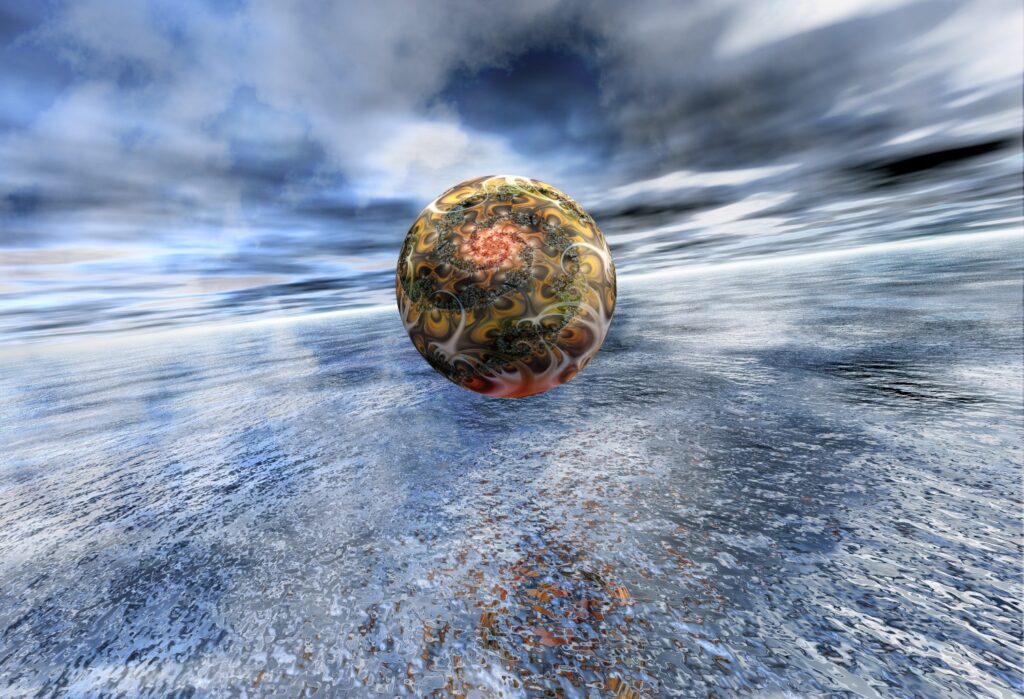 Surreal Sphere Wallpaper: Reflective Water & Dynamic Sky Scene