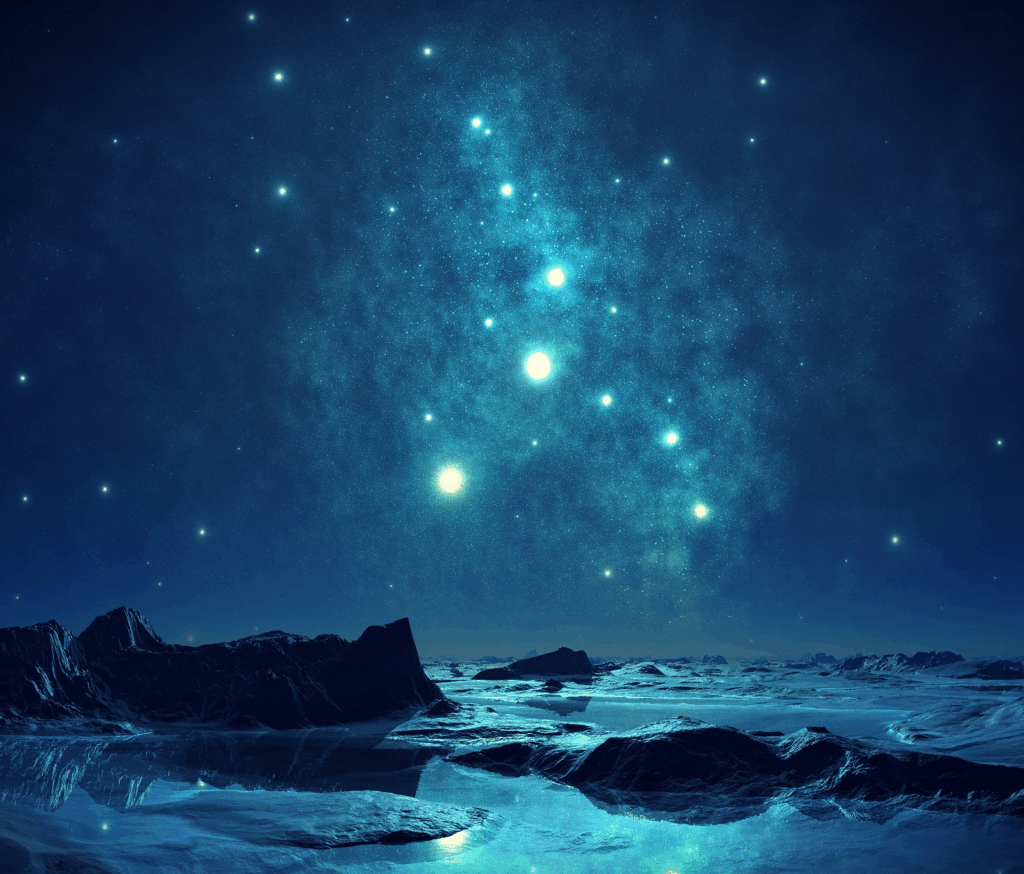 Mesmerizing night sky wallpaper with shining stars over icy reflective landscape background