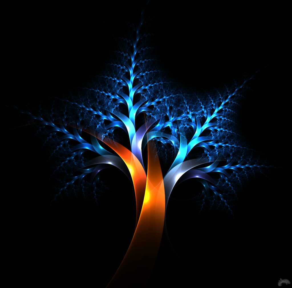 Mesmerizing Tree Fractal Art: Blue & Orange Glow on Dark Background Wallpaper