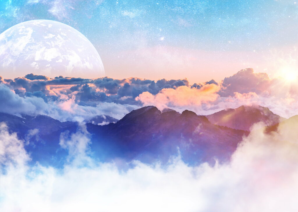 Mesmerizing Twilight HD Wallpaper: Celestial Clouds & Moonlit Mountains