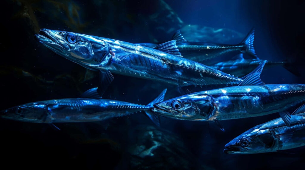 Underwater wallpaper with sleek barracudas gliding through deep blue ocean and shimmering light
