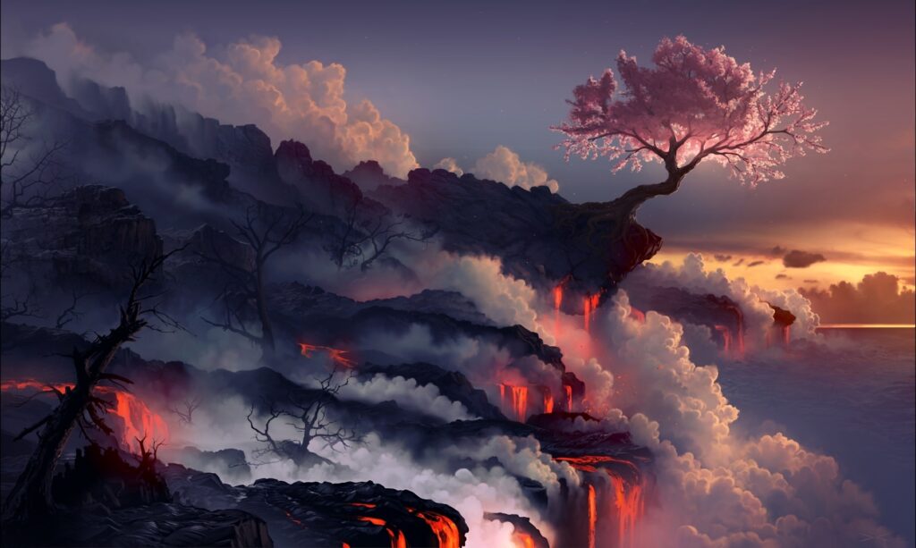 Volcanic eruption with glowing lava and blooming oriental cherry tree on mystical cliffs wallpaper