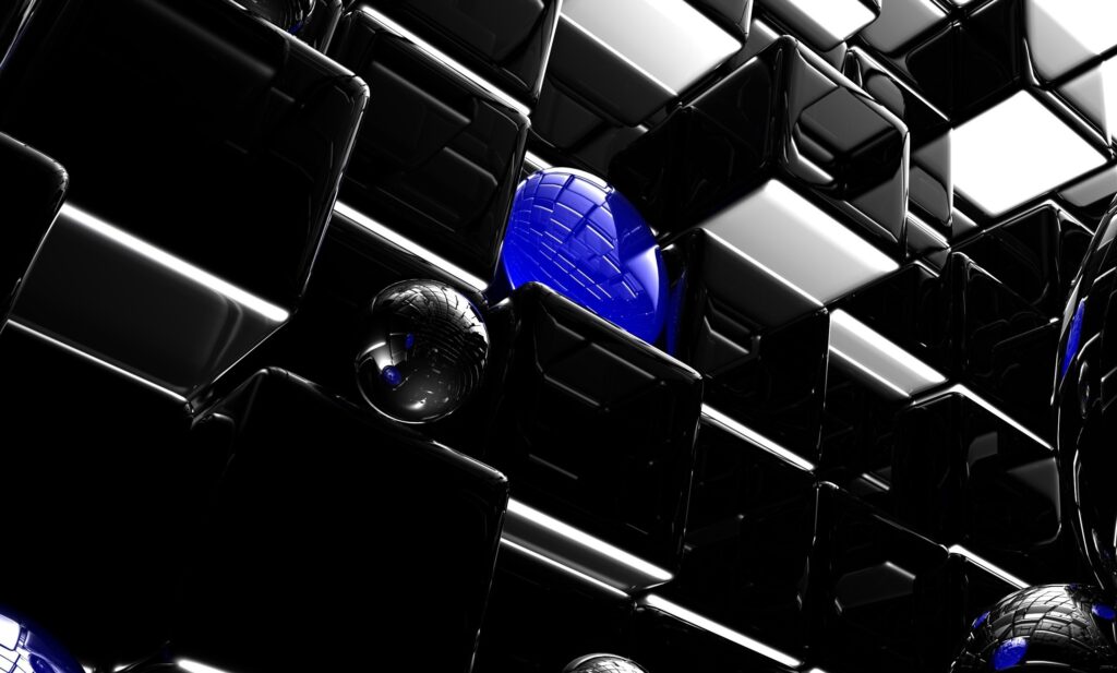 Glossy Black Cubes & Reflective Blue Spheres Wallpaper Background