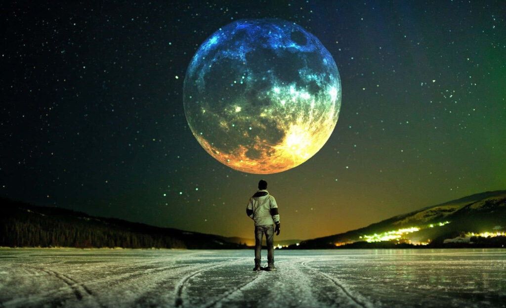 Stunning Frozen Lake Wallpaper: Person Under Colorful Full Moon