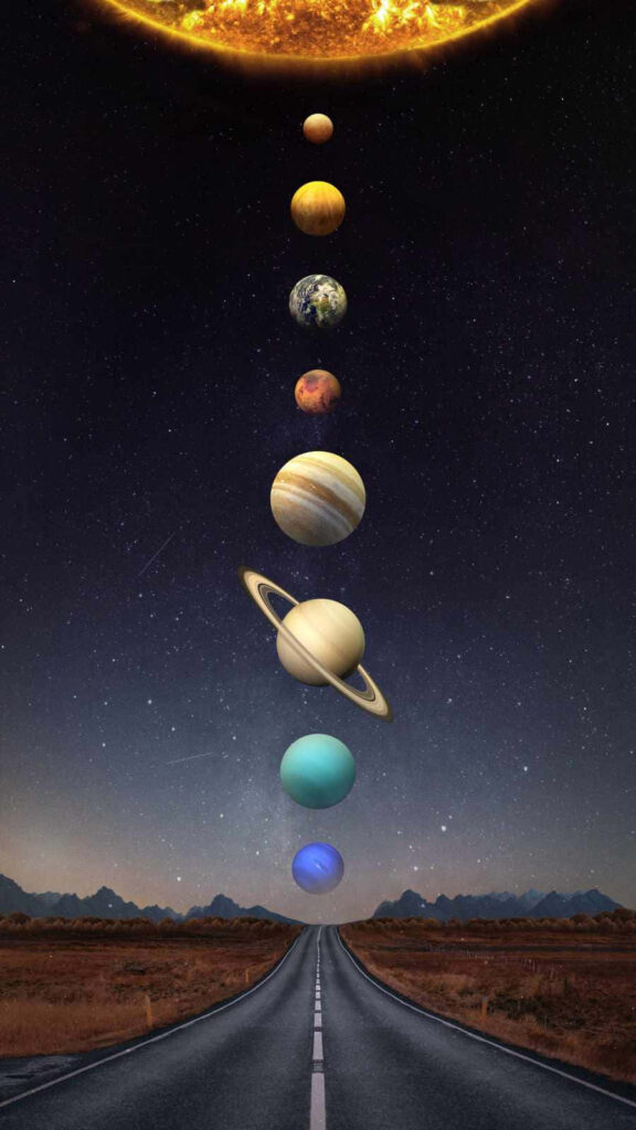 Serene Wallpaper: Road to Solar System Planets Under Starry Sky