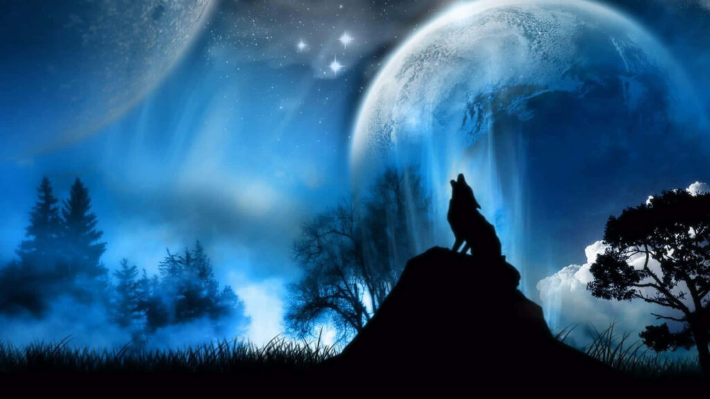 Enchanting Wolf Howling Wallpaper in Mystical Moonlit Forest