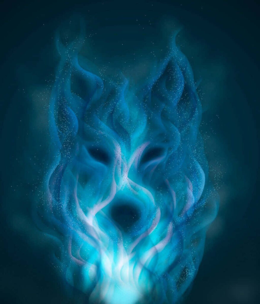 Mesmerizing Wolf Wallpaper: Ethereal Blue Flames and White Shimmers