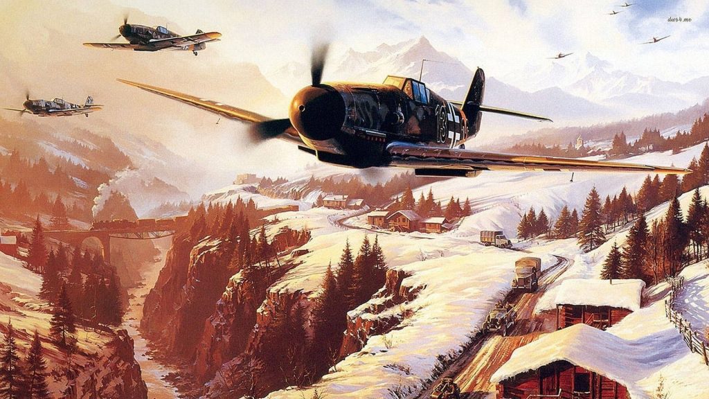 Messerschmitt Bf 109 fighters fly over snow-covered Alpine gorge with railway and convoy Wallpaper