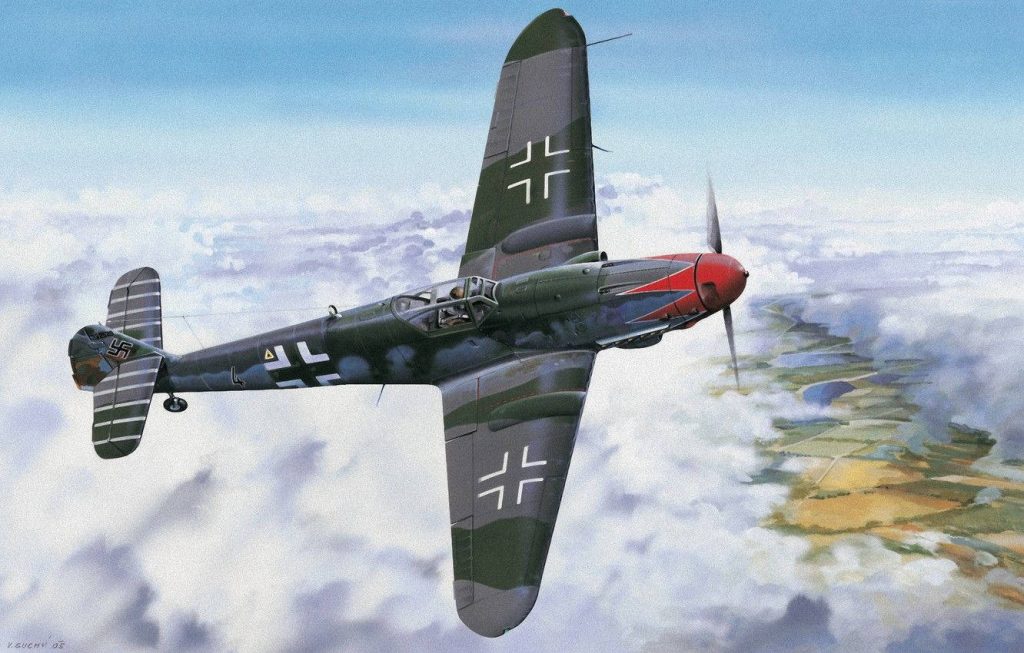 Messerschmitt Bf 109 WW2 fighter with red nose soaring above clouds detailed aviation art Wallpaper