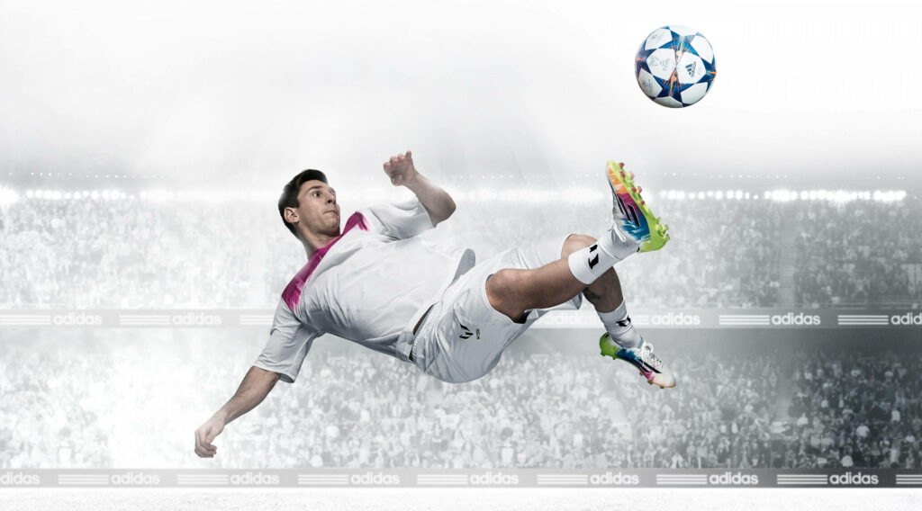 Mesmerizing Messi: Sporting Elegance in Ethereal Whites and Vibrant Rainbow Kicks - 4k Ultra HD Soccer Wallpaper