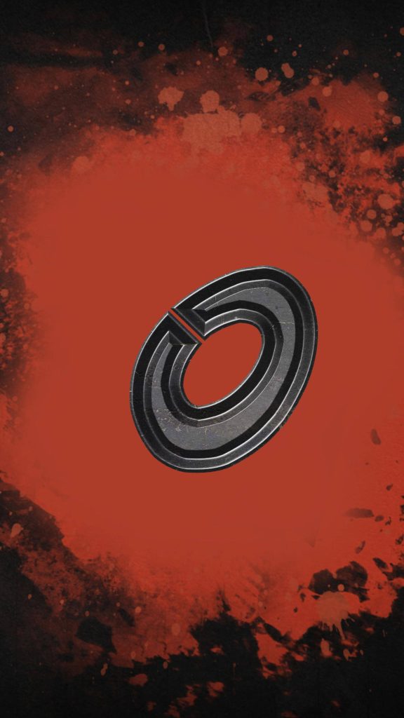 Bold metallic 3D letter O wallpaper on textured red background with black ink splatters