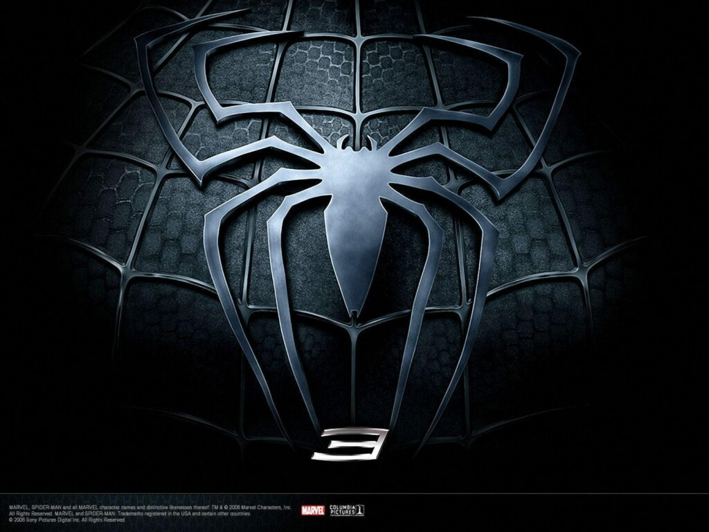 Metallic black Spider Man emblem on textured web-patterned background, bold cinematic wallpaper