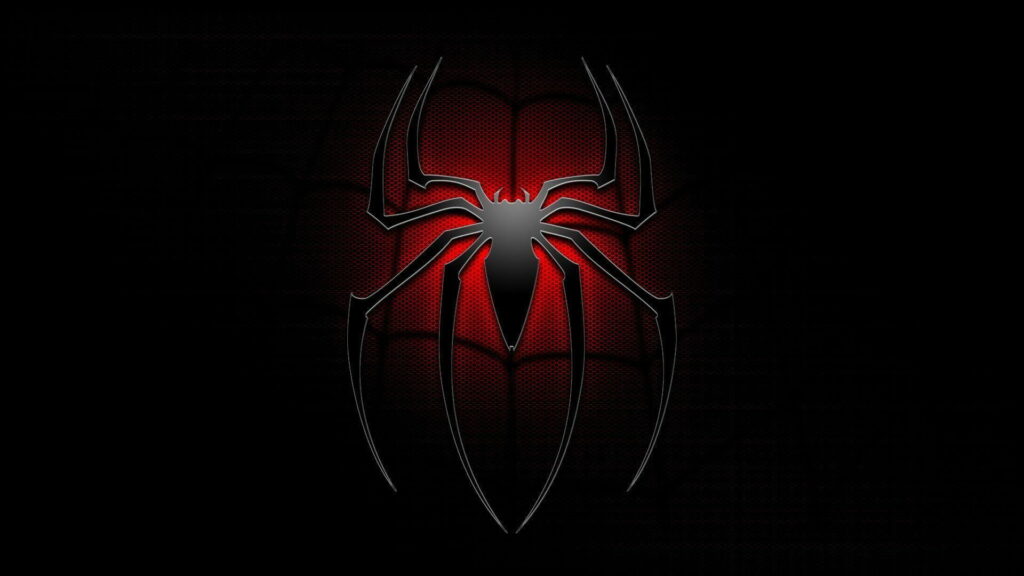 Metallic black Spiderman logo with glowing red background on dark wallpaper, bold design