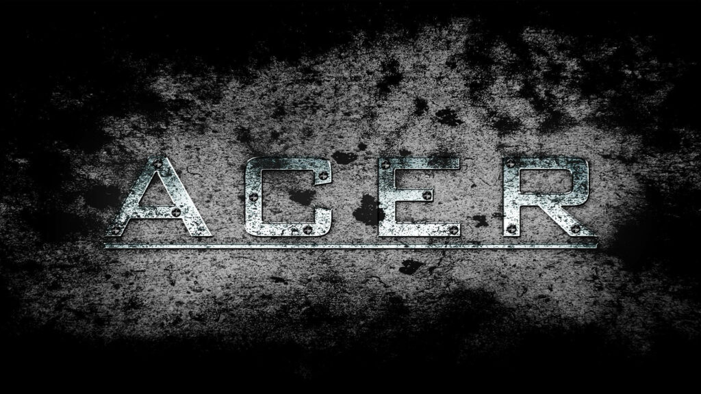 Metallic black and white Acer logo on distressed industrial style rugged wallpaper background
