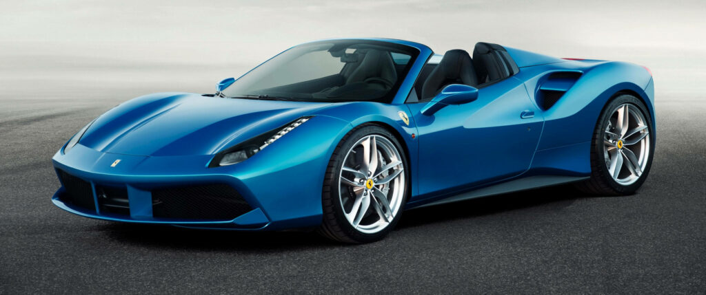 Blue Beauty: A Captivating 3440x1440 Car Wallpaper Showcasing the Enchanting Ferrari 488 Spider Against a Clean White Canvas