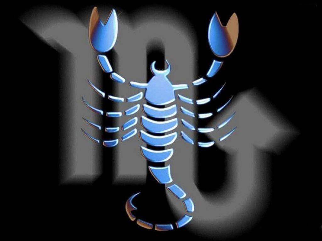 3D metallic blue scorpion with Scorpio zodiac symbol on black background modern wallpaper