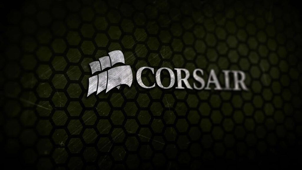 Metallic CORSAIR logo on dark hexagonal honeycomb background with green tint and brushed metal texture Wallpaper