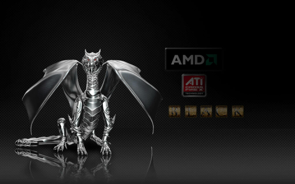 Metallic dragon with AMD and ATI CrossFireX logos on sleek black tech-inspired wallpaper background