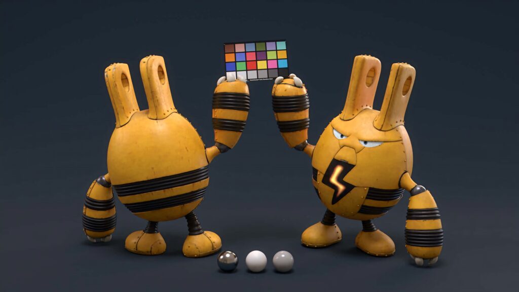 Metallic Elekid models with yellow worn finish and black stripes on dark mechanical background Wallpaper
