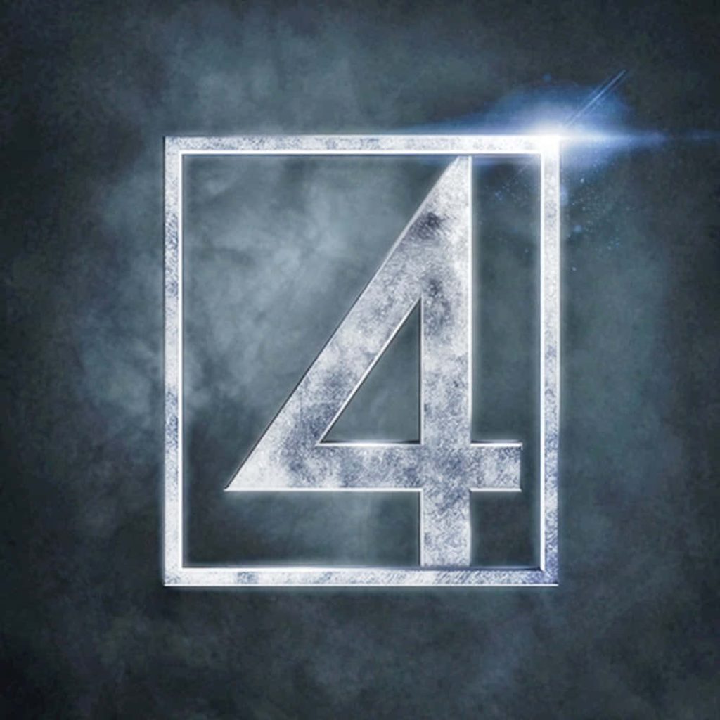 Metallic Fantastic Four Marvel logo CGI digital art on smoky dark blue background with lens flare Wallpaper