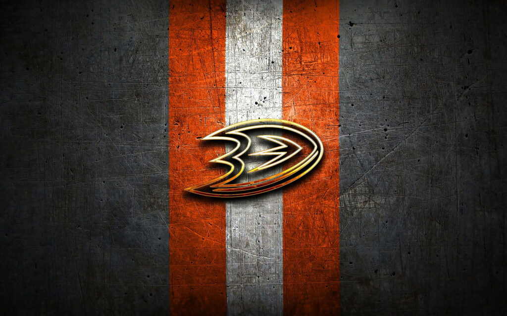 Metallic gold Anaheim Ducks logo on dark textured background with orange and silver stripes Wallpaper