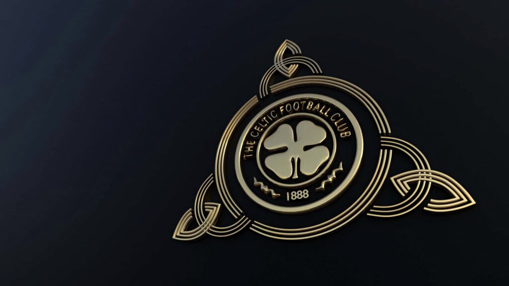 Metallic gold Celtic FC crest with Celtic knots on dark gradient background wallpaper