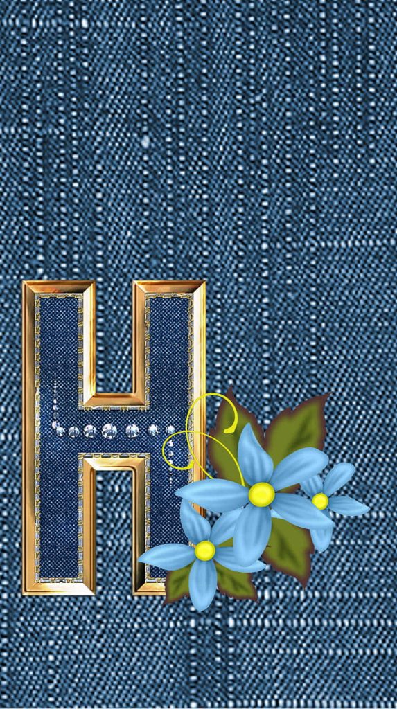 Stylish letter H wallpaper metallic gold border denim texture rhinestones blue floral background