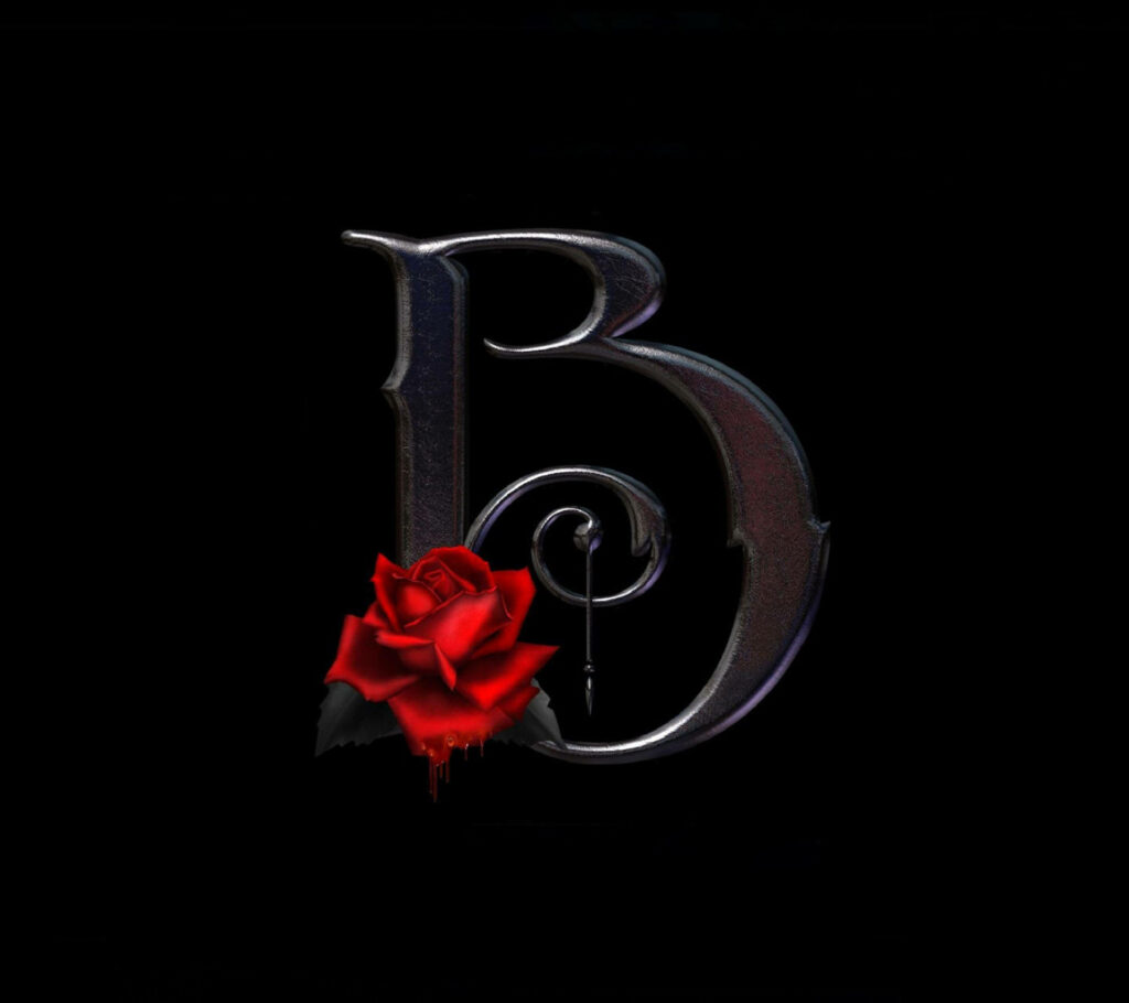 Metallic Gothic letter B with vivid red rose on black background elegant dramatic wallpaper