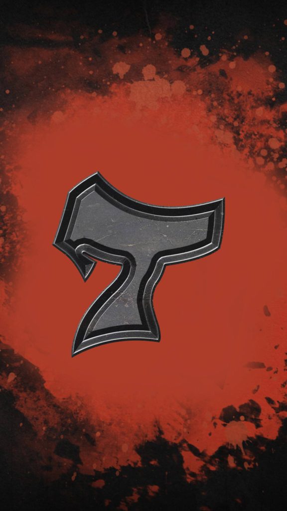 Metallic gothic letter T on vibrant red background with dark ink splatter modern wallpaper