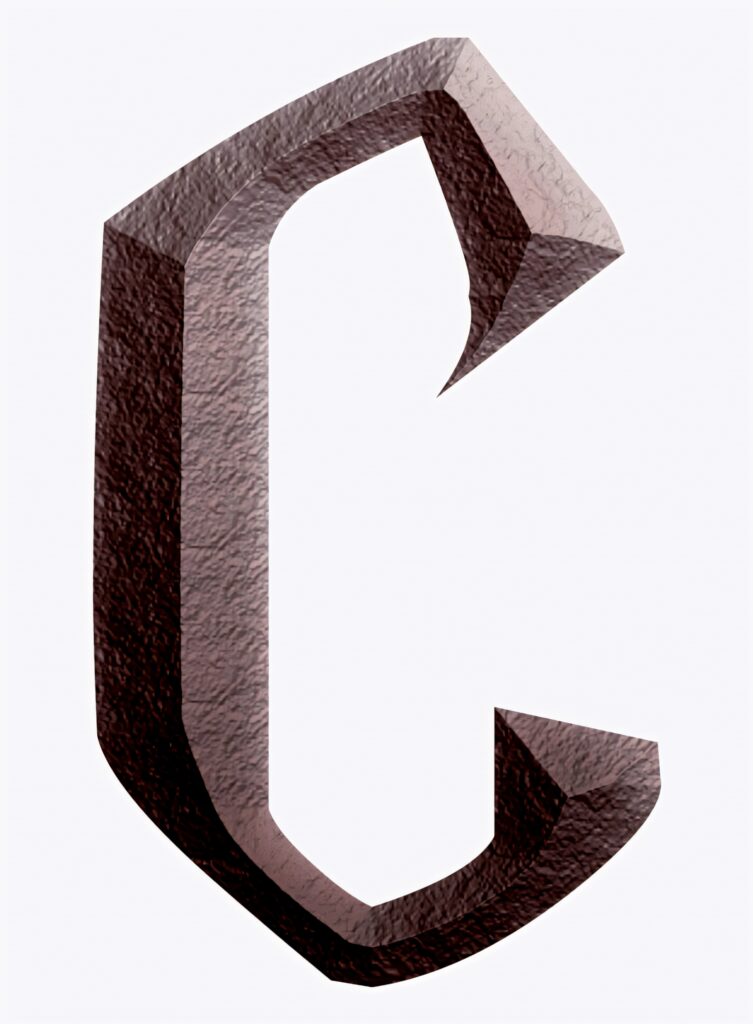 Metallic hammered letter C in deep brown on light background modern minimalist wallpaper design
