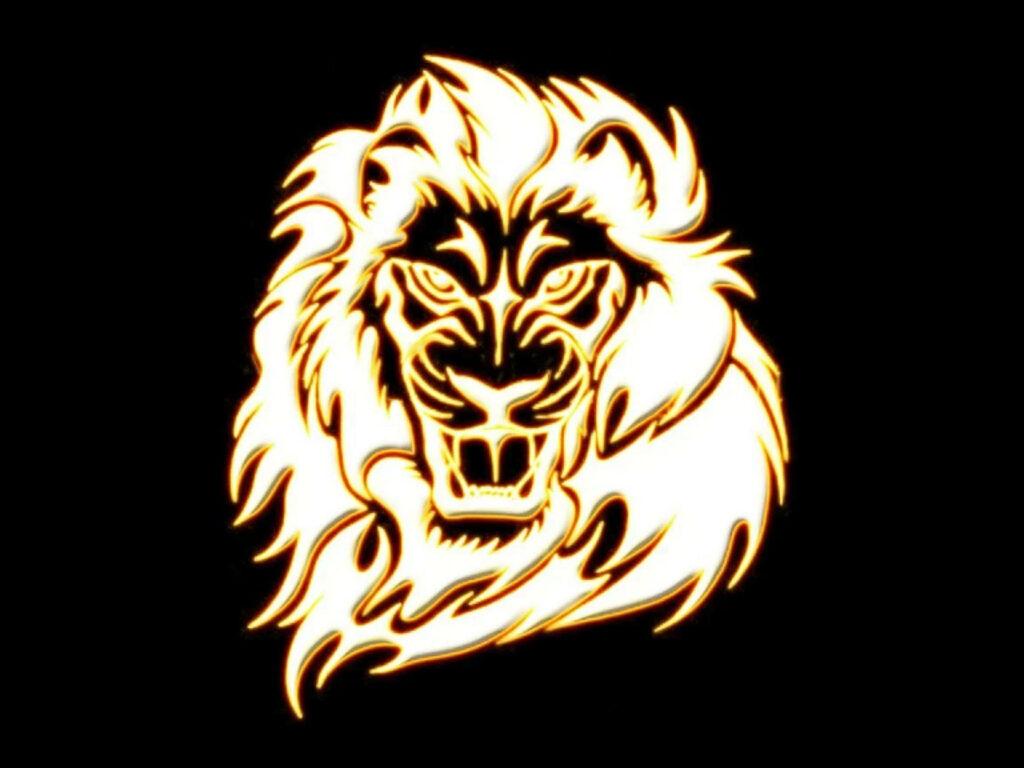 Metallic Lion's Head Wallpaper on Black: Fierce & Majestic Design