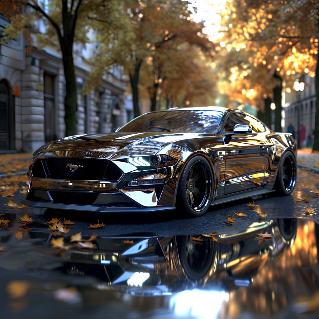Metallic Mustang GT Wallpaper: Autumn Cityscape Elegance
