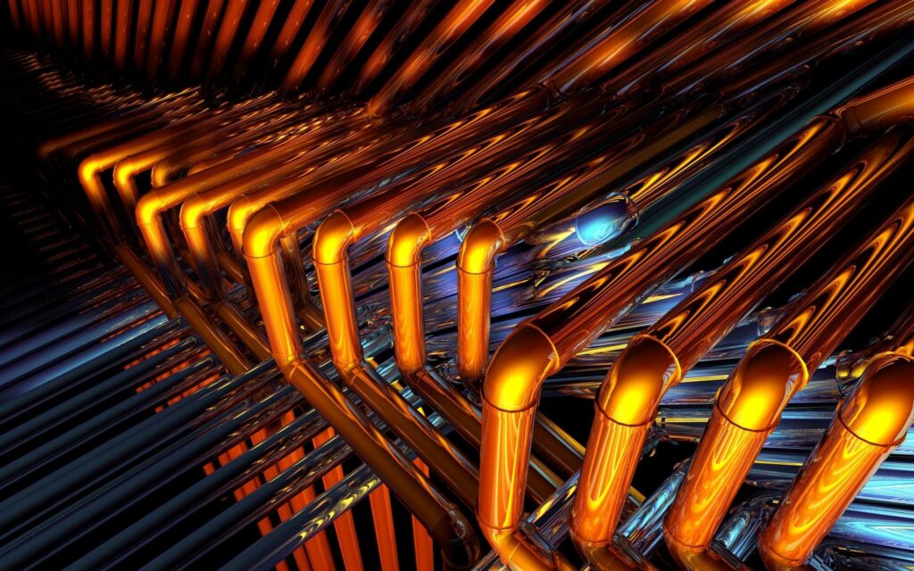 Intricate Metallic Pipes Wallpaper: Orange & Blue Light Reflections