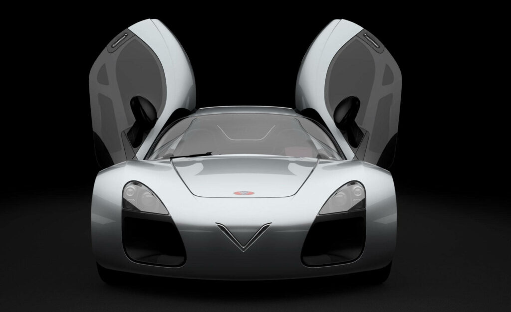 Metallic silver 3D sports car with butterfly doors open on dark background automotive wallpaper