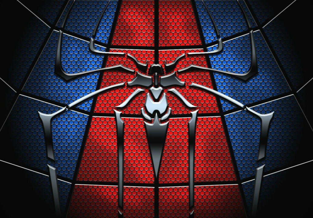 Metallic silver Spiderman logo on textured red and blue suit-inspired background wallpaper