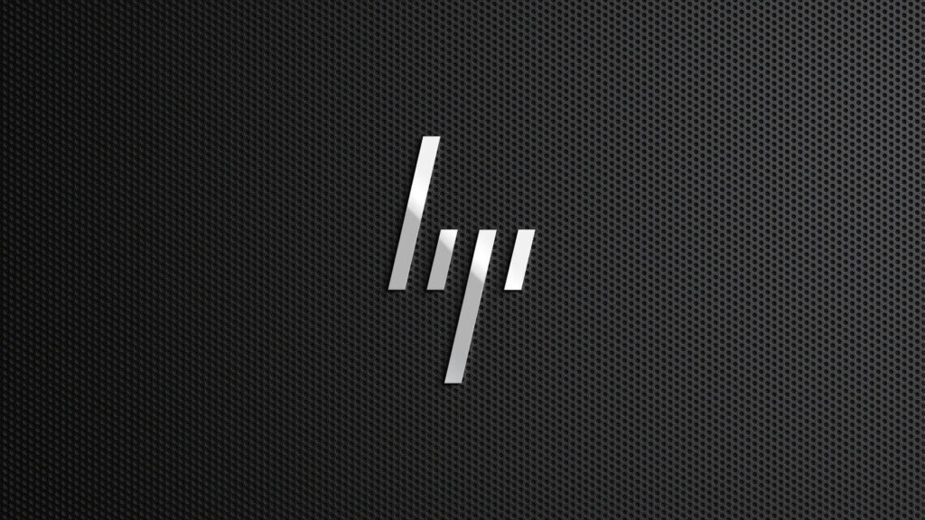 Sleek metallic silver HP logo on dark perforated metal mesh wallpaper background for desktop