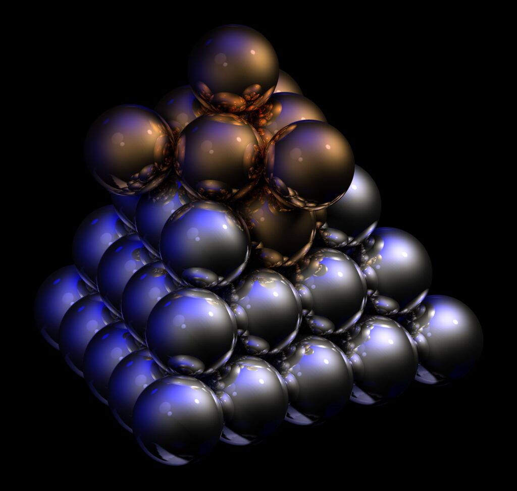 Metallic Pyramid Wallpaper: Shiny Spheres on Black Background
