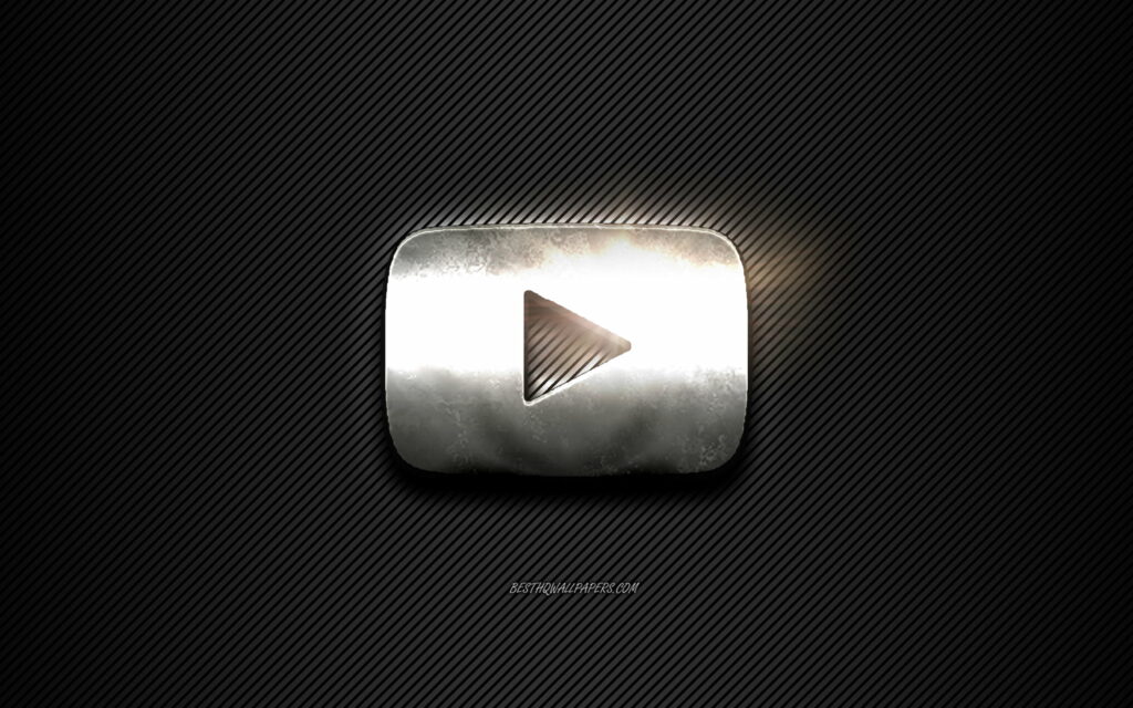 Metallic silver YouTube Play button wallpaper on black carbon fiber background modern design