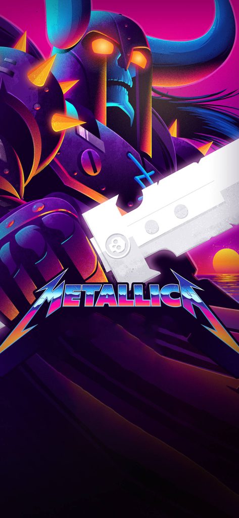 Metallica skeleton knight wallpaper dark armor glowing eyes vibrant purple synthwave sunset background