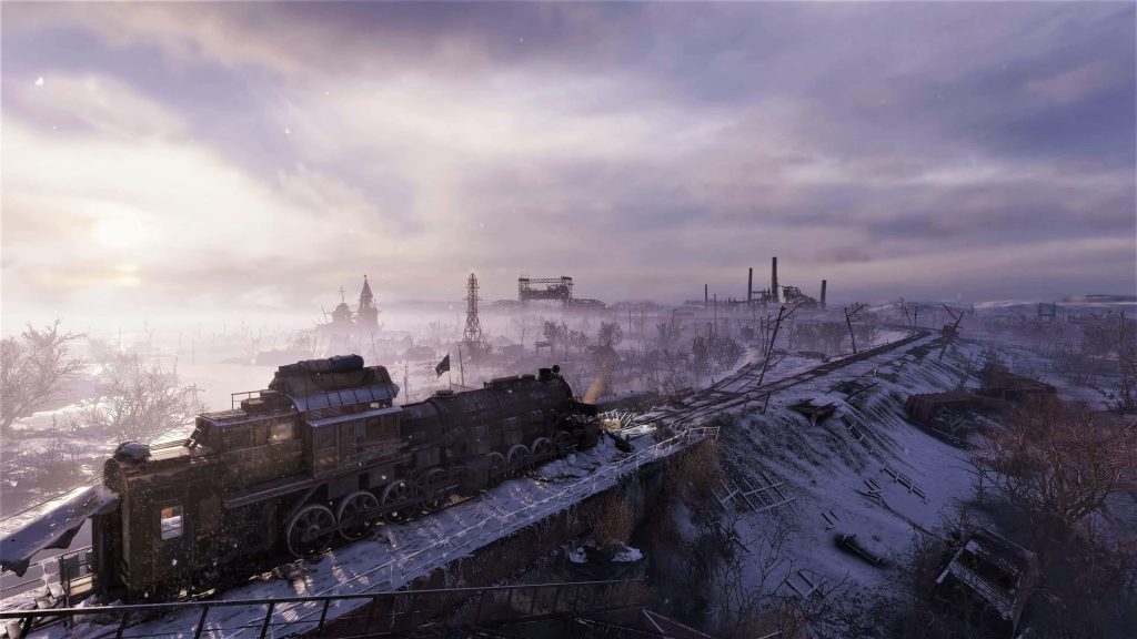 4K Metro Exodus wallpaper Aurora steam train on snowy tracks near misty ruins and church